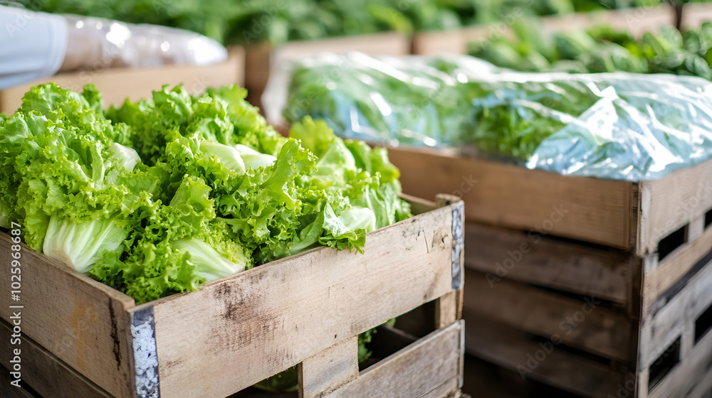 Iceberg lettuce harvested in wooden boxes in a warehouse. Natural organic fruit abundance. Healthy and natural food storing and shipping concept. Iceberg lettuce harvested in wooden boxes in a warehouse. Natural organic fruit abundance. Healthy and natural food storing and shipping concept.
