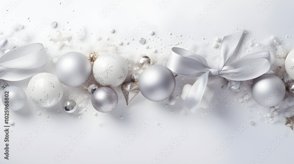 Silver Christmas balls, stars, pine cones and spruce branches in a row covered with snow on white background in winter. Horizontal composition. Silver Christmas balls, stars, pine cones and spruce branches in a row covered with snow on white background in winter. Horizontal composition.