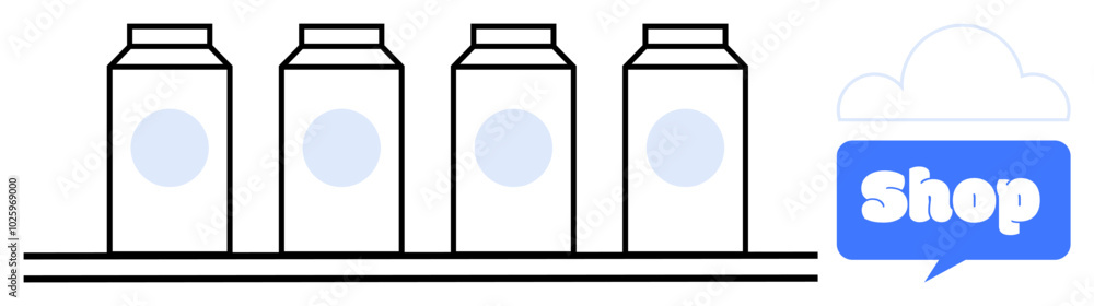 Four milk cartons aligned on a shelf with a speech bubble icon containing the word shop on the right. Ideal for grocery stores, e-commerce, packaging design, product marketing, and retail displays Four milk cartons aligned on a shelf with a speech bubble icon containing the word shop on the right. Ideal for grocery stores, e-commerce, packaging design, product marketing, and retail displays