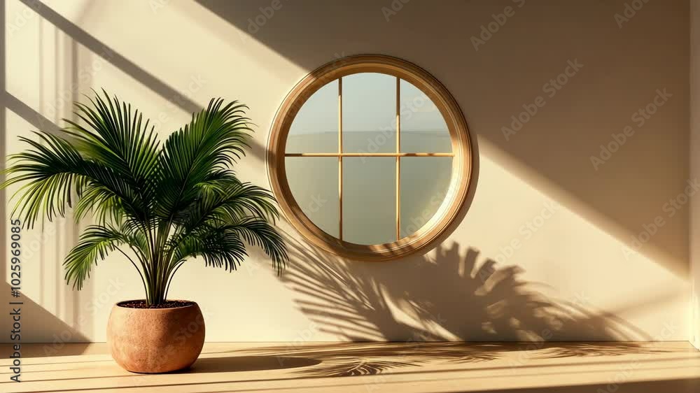 A potted palm tree sits next to a round window, casting shadows on the wall and wooden floor A potted palm tree sits next to a round window, casting shadows on the wall and wooden floor