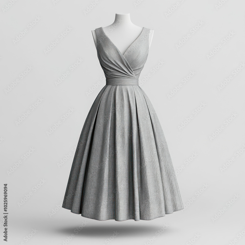 Grey dress on mannequin in shop window with autumn leaves. Grey dress on mannequin in shop window with autumn leaves.