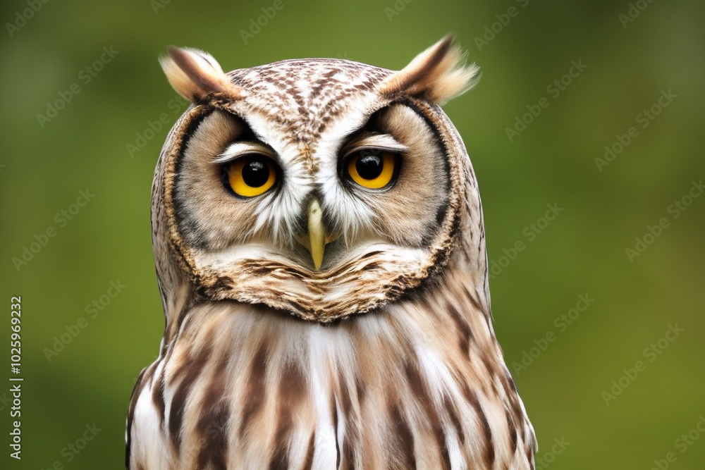 Fototapeta premium A striking owl with large yellow eyes perched against a blurred green background in nature