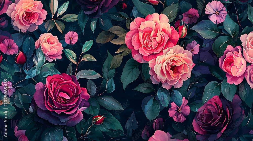 Vibrant floral pattern with roses and leaves on dark background Vibrant floral pattern with roses and leaves on dark background