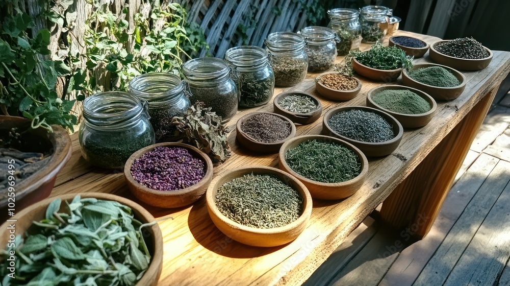 Fototapeta premium Herbs and spices curated for sustainable farming workshops, promoting traditional, eco-friendly farming methods, perfect for community education and regenerative agriculture projects.