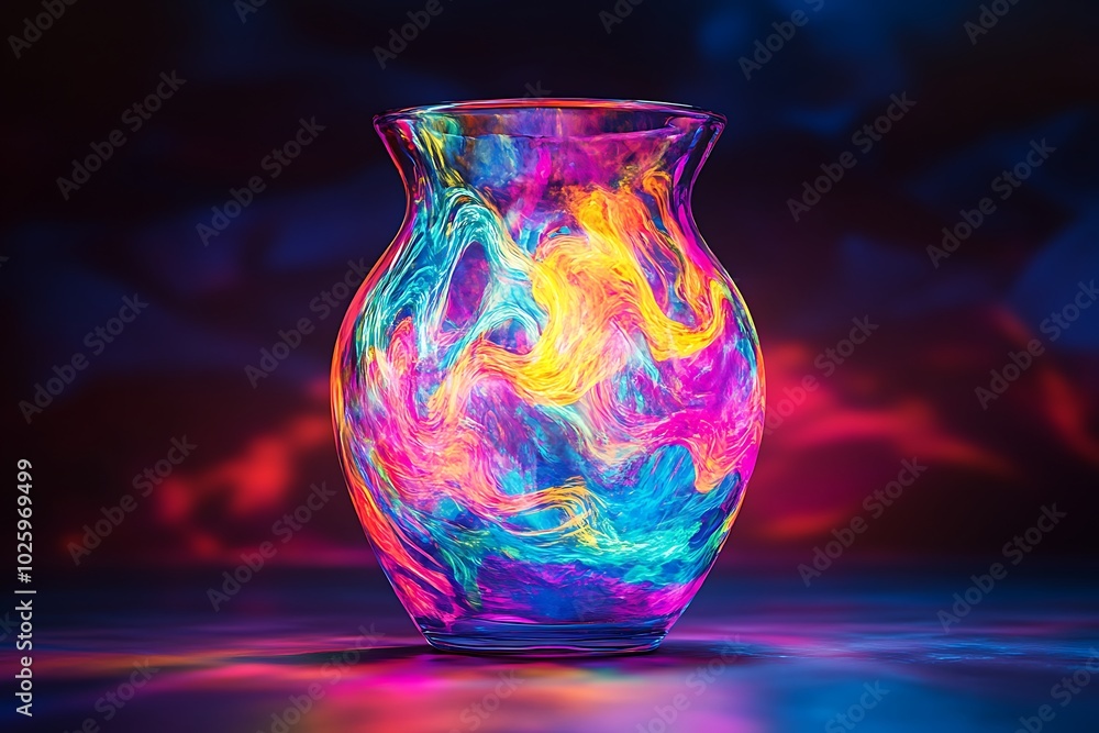 Vibrant glass vase with colorful swirls on a dark background Vibrant glass vase with colorful swirls on a dark background