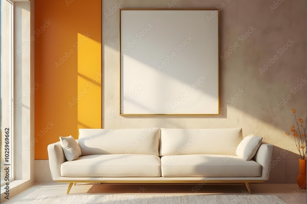 Minimalist, japandi interior design of modern living room. Boucle sofa near stucco wall with abstract wall art frame Minimalist, japandi interior design of modern living room. Boucle sofa near stucco wall with abstract wall art frame