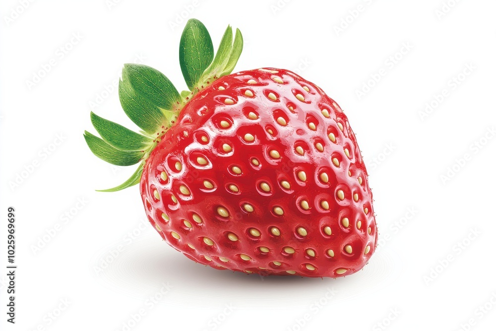 Single ripe strawberry with green leaves isolated on white background Single ripe strawberry with green leaves isolated on white background