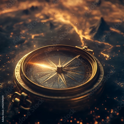 Vintage compass on a mystical background with golden hues. photo