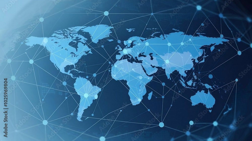 A light blue background features a digital world map with interconnected global networks, symbolizing international business, connectivity, and the expansive potential of modern communication.