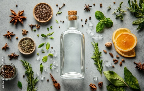 Empty gin bottle surrounded by aromatic herbs, spices, and citrus fruits on grey background, showcasing ingredients for craft gin making photo