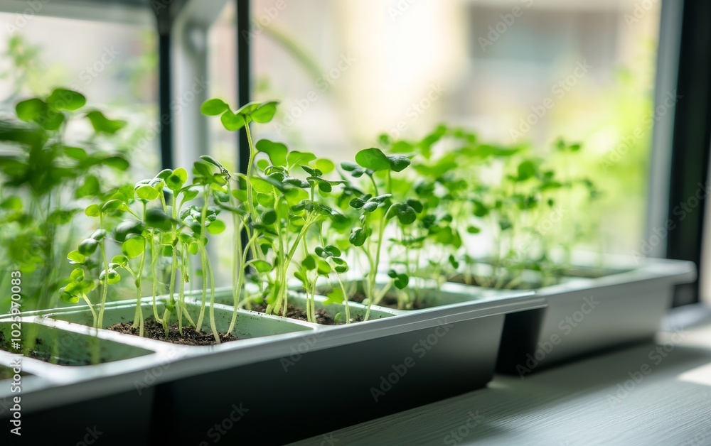 Fresh microgreens sprouting in plastic containers on windowsill. Urban gardening and healthy eating concept with natural light and blurred background Fresh microgreens sprouting in plastic containers on windowsill. Urban gardening and healthy eating concept with natural light and blurred background