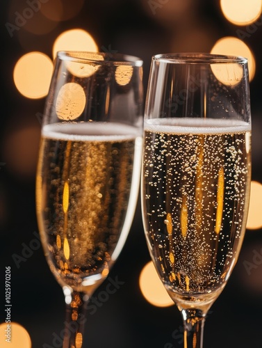 Two elegant champagne flutes with bubbles against a blurred bokeh background, perfect for celebrations.