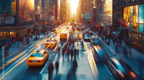 A bustling city street at sunset, showcasing traffic and pedestrians in motion.