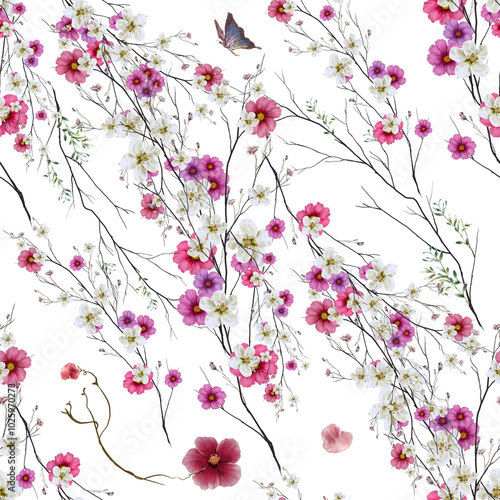 Watercolor painting of leaf and flowers, seamless pattern on white background