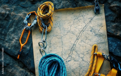 Climbing equipment including ropes, carabiners, and quickdraws arranged on a topographic map. Adventure planning concept for mountaineering and outdoor exploration
