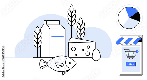 Picture of milk carton, cheese, fish, egg, and wheat with a pie chart and online shopping cart. Ideal for smart shopping, food, online grocery, e-commerce, healthy eating