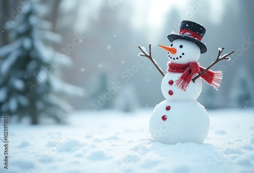 Cheerful snowman in a winter landscape, perfect for holiday themed designs, greeting cards, and festive promotions