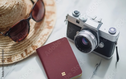 Vintage camera with passport, sunglasses, and straw hat arranged on white surface, depicting classic travel accessories and wanderlust concept photo