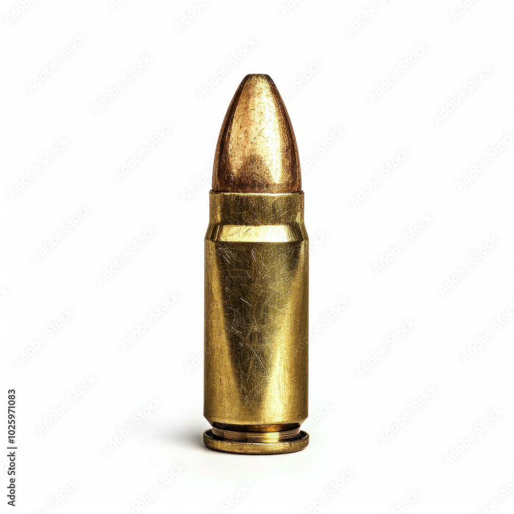 Gold-finished bullet on reflective surface, casting shimmering reflections. Gold-finished bullet on reflective surface, casting shimmering reflections.
