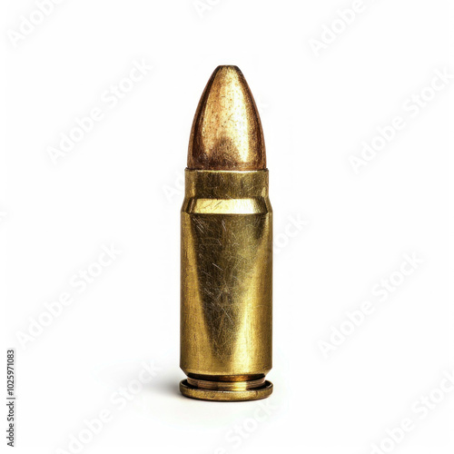 Gold-finished bullet on reflective surface, casting shimmering reflections.