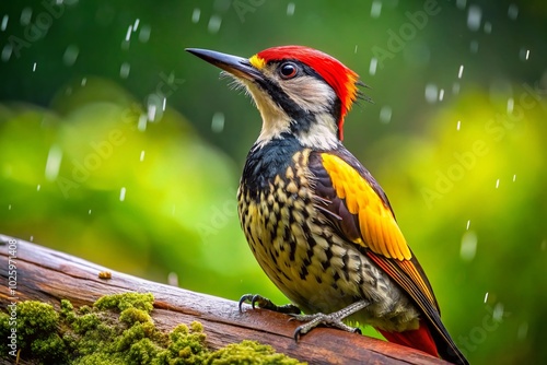 Lesser Golden-backed Woodpecker Observing Raindrops - Nature Photography