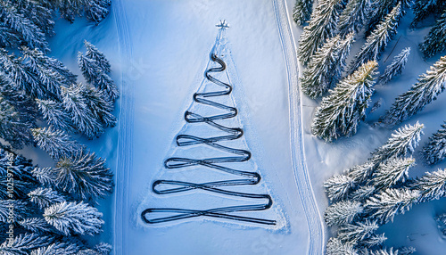 Ski Tracks Forming the Shape of a Christmas Tree