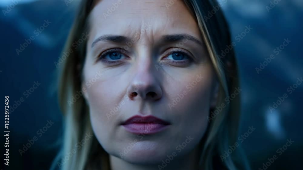A close-up of a woman with striking blue eyes in a mountainous landscape at dusk A close-up of a woman with striking blue eyes in a mountainous landscape at dusk