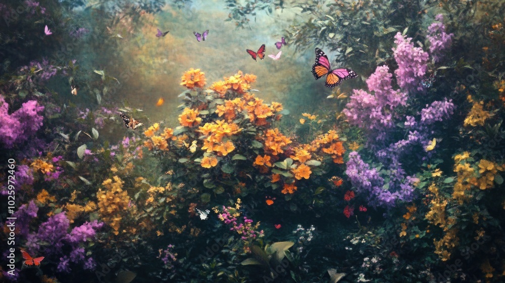 A vibrant garden scene filled with colorful flowers and butterflies, evoking tranquility and beauty. A vibrant garden scene filled with colorful flowers and butterflies, evoking tranquility and beauty.