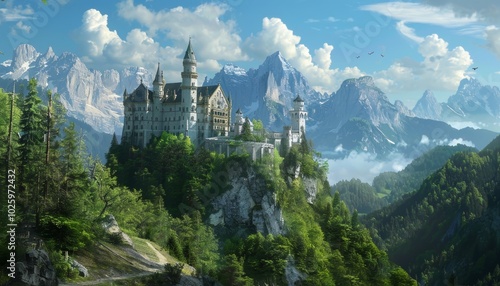 Majestic castle on mountain surrounded by peaks and mist 