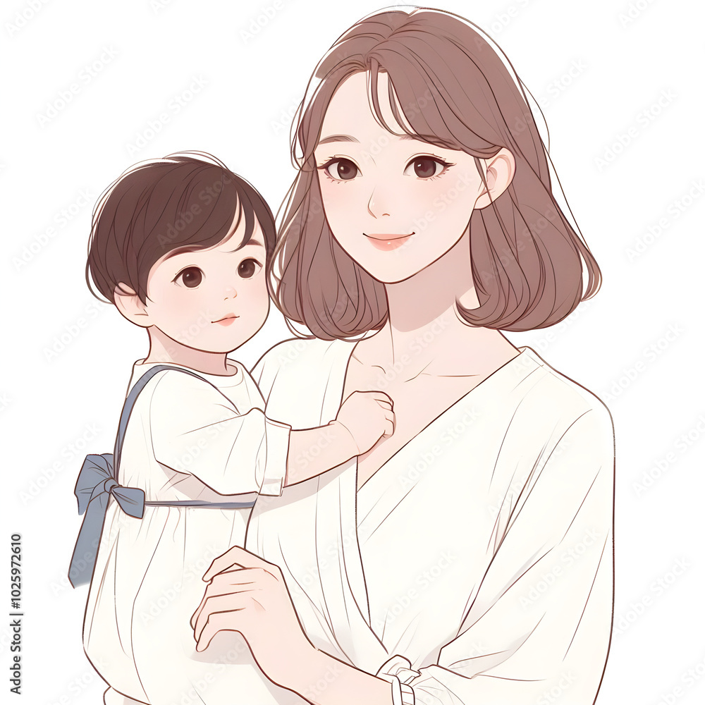 Lovely young mother and her baby, both dressed in white, smiling and posing for a portrait