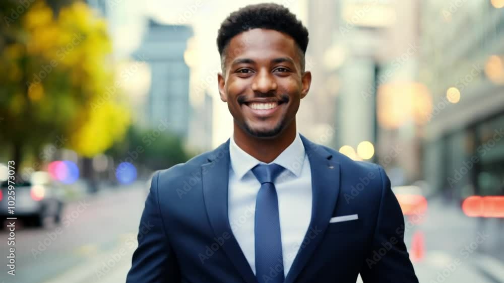 Happy and Confident businessman walking down a city street in formal attire during sunny afternoon Happy and Confident businessman walking down a city street in formal attire during sunny afternoon