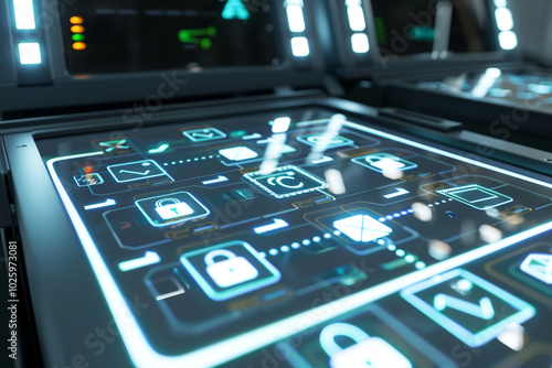 Close-up of a secure electronic ballot box with encryption symbols modern design