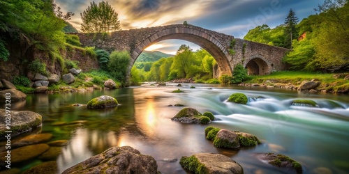 Long Exposure River Scene with Old Stone Bridge in Barcena Mayor, Cantabria - Natural Beauty of SajaBesaya Park photo