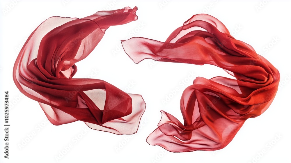 Two Flowing Red Fabric Pieces on White Background with Smooth Wavy Edges, Symmetrical Dynamic Composition Highlighting Elegance and Fluid Motion Two Flowing Red Fabric Pieces on White Background with Smooth Wavy Edges, Symmetrical Dynamic Composition Highlighting Elegance and Fluid Motion