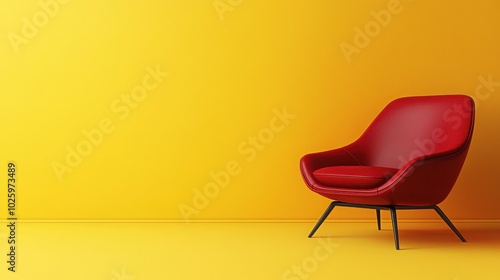 A striking red sofa against a vibrant yellow backdrop, creating a bold minimalist aesthetic with clean lines and color harmony. 