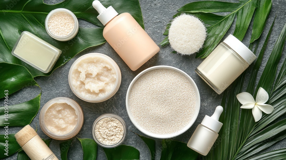 Natural Skincare Products with Tropical Leaves and Flowers Natural Skincare Products with Tropical Leaves and Flowers