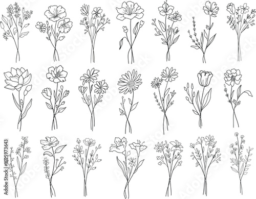 Set of different line art flower bouquets. Hand drawn botanical vector set. Trendy floral wildflowers, leaves set.