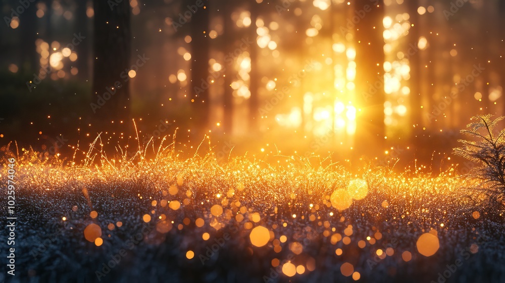 Obraz premium Sunrise illuminating dew-covered grass