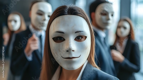 Corporate Colleagues Hiding Behind Masks Symbolic of Workplace Deception and Toxic Relationships