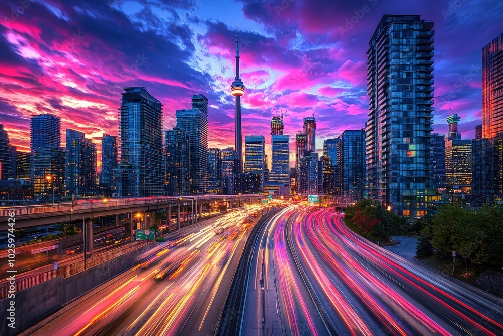 Fototapeta premium Busy City Highway at Dawn with Skyscrapers