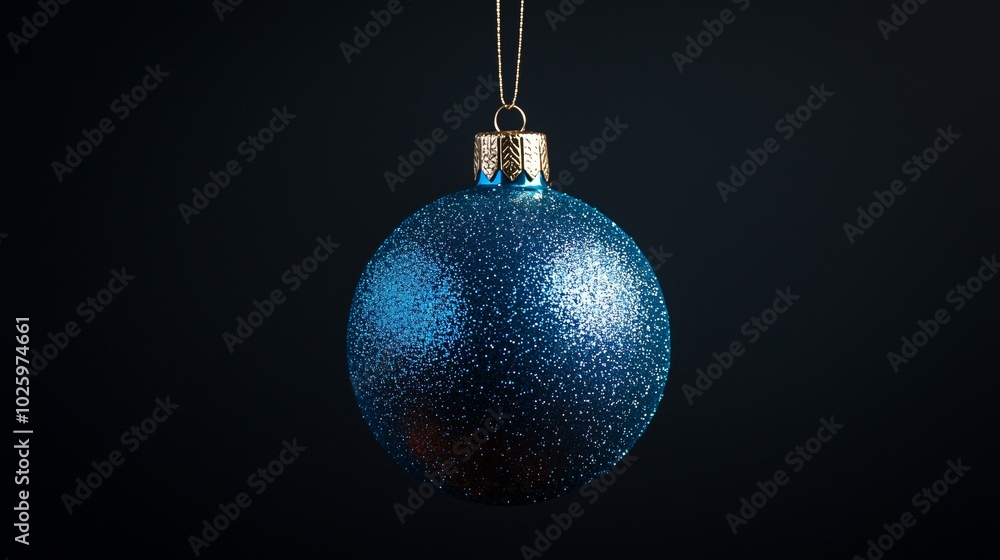Single Blue Glittery Christmas Ornament with Metallic Gold Cap and Silver String Against Black Background Single Blue Glittery Christmas Ornament with Metallic Gold Cap and Silver String Against Black Background