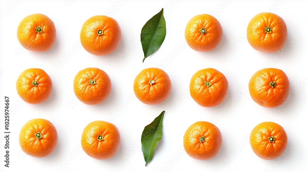 Top-Down Layout of Vibrant Oranges with Green Leaves on White Background in Symmetrical Arrangement Top-Down Layout of Vibrant Oranges with Green Leaves on White Background in Symmetrical Arrangement
