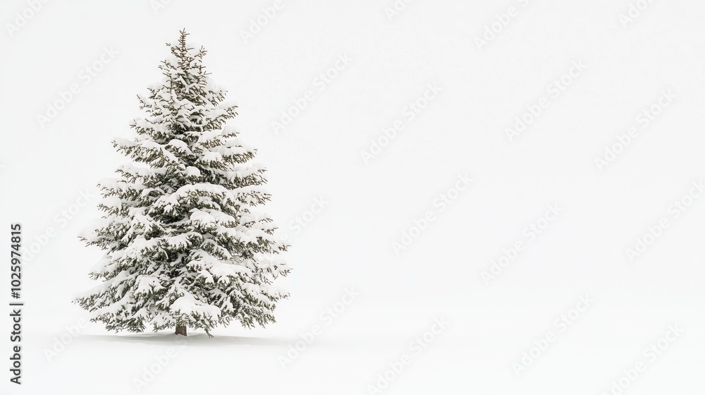 Snow-Covered Evergreen Tree Against Stark White Background with Thick Snow-Laden Branches and Minimalist Composition Snow-Covered Evergreen Tree Against Stark White Background with Thick Snow-Laden Branches and Minimalist Composition