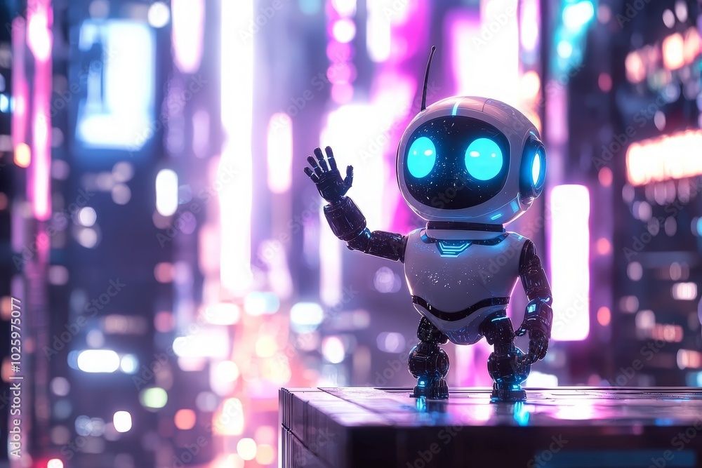 Happy Robot Character Waving in Futuristic Scene Happy Robot Character Waving in Futuristic Scene