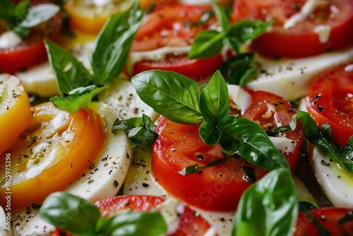 Close-up of a vibrant Caprese salad with lush tomatoes mozzarella photo