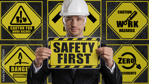 Construction worker holding a Safety First sign with yellow warning signs behind him.