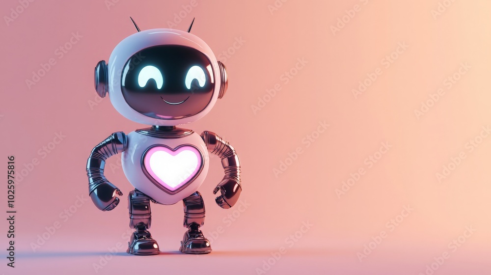 Cute Mini Robot with Smiling Face and Glowing Heart Cute Mini Robot with Smiling Face and Glowing Heart