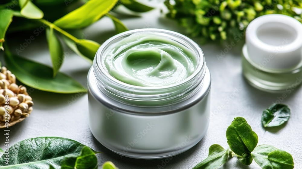 Green Cream Jar Surrounded by Greenery Green Cream Jar Surrounded by Greenery