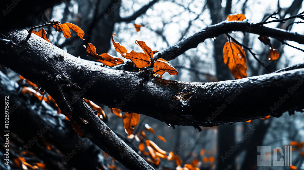 A single branch with autumn leaves against a dark, blurry background. A single branch with autumn leaves against a dark, blurry background.