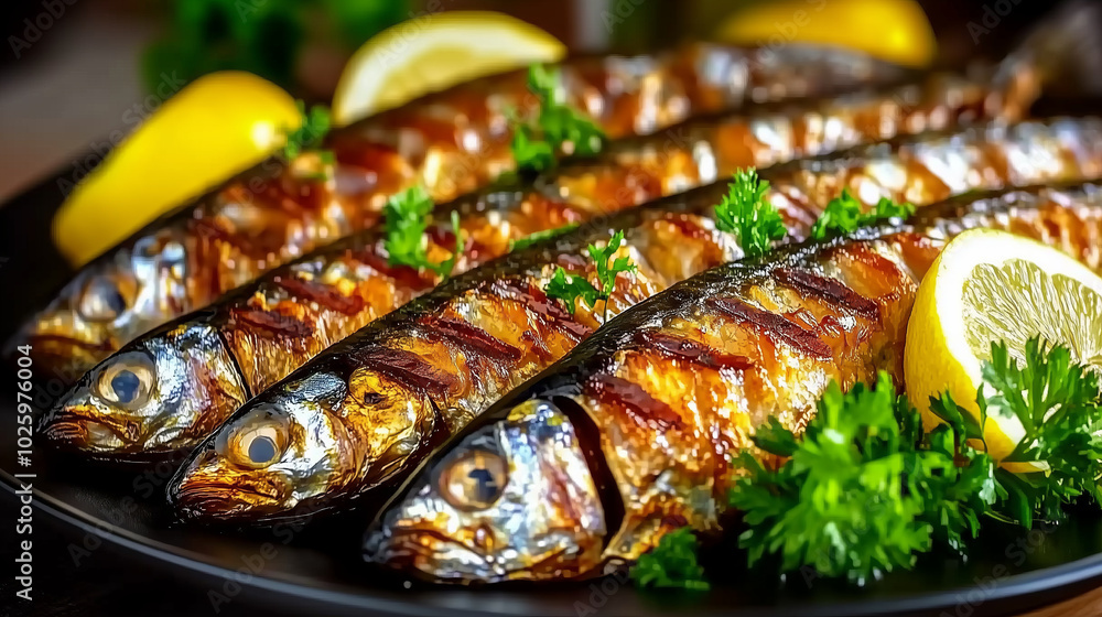 Grilled sardines with lemon wedges and parsley on a black plate. Grilled sardines with lemon wedges and parsley on a black plate.